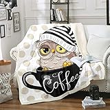 Homewish Eule Sherpa Decke Werfen 130X150- Eule Bedruckte Weiche Plüsch Decke Für Bett/Couch/Sofa/Büro/Camping/Stuhl/Wohnzimmer, Süße Kaffeetasse Tiermuster Fuzzy Fleece Decke Für Kinder Mädchen