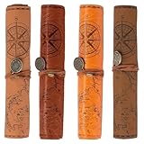 Bamberg 4-Teiliges Federmäppchen Aus Leder, Kreatives Roll-Up-Federmäppchen mit Landkarte, Etui für Make-Up-Pinsel im Vintage-Stil, Matt-Glatter Einband Aus Braunem PU