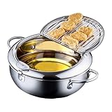 Gevvnss 2,2L Fritteuse Topf,Japanischer Frittiertopf mit Thermometer,8' Japanische Tempura Fritteuse Topf,Kleiner Edelstahl-Topf mit Deckel und Abtropfgestell für Pommes Frites,Garnelen,Fisch