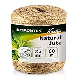 GRÜNTEK Garten Juteschnur 6 mm Dicke, Bindegarn, Gartenschnur, Bastelschnur Kordel Rolle mit 60 m, 100% Jutegarn Naturfarbe, zum Geschenke verpacken, Pflanzen binden, Basteln, Handwerken