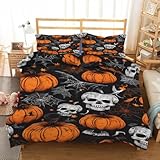 LLSZAHD Halloween Kürbis Bettwäsche 135×200cm, Totenkopf, Spinnennetz Muster bettwäsche-Sets, Mikrofaser Bettbezug mit Reißverschluss und Kissenbezug 80×80cm
