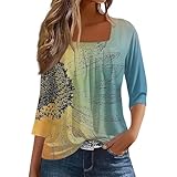 CGGMVCG Damen-T-Shirt, 3/4-Ärmel, Blumendruck, Blusen, quadratischer Ausschnitt, leger, plissiert, trendiges Oberteil für Frauen, hellblau, M