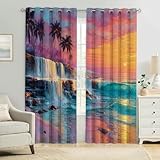 Natürliche Landschaft Vorhänge Verdunkelung Blickdicht Meer Sonnenuntergang Wasserfall mit Ösen, Thermovorhänge 2er Set H175 x B140 cm, Wärmeschutz Schallschutz Gardinen für Wohnzimmer Schlafzimmer