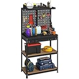 HOMCOM Werkbank 80 x 40,5 x 155 cm Werkzeugbank mit Lochwand, Haken, Schublade, 2 Ablagen, Arbeitstisch 240 kg Tragkraft Werktisch aus Metall, für Werkstatt Schwarz