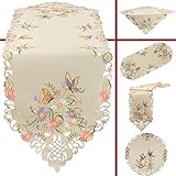 Quinnyshop Bunte Blumen Schmetterling Stickerei Deckchen 40 cm Rund Polyester, Ecru/Creme