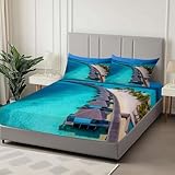 Blau Spannbettlaken Set 180 x 200 cm, Resorts Auf Den Malediven Bedrucktes Weiches Spannbetttüche, Microfaser Atmungsaktiv Bettwäsche Tiefe Tasche 30 cm mit 2 Kissenbezügen