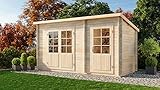 Alpholz Gartenhaus Martina-28 mit Anbau aus Massiv Holz | Gerätehaus mit 28 mm Wandstärke | Garten Holzhaus inklusive Montagematerial | Geräteschuppen 450 x 200 cm | Pultdach