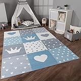 Paco Home Teppich Kinderzimmer Kinderteppich Spielteppich Kurzflor rutschfest Krone Herzen Punkte Sonne Regenbogen Buchstaben, Grösse:80x150 cm, Farbe:Blau