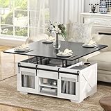 VOWNER Couchtisch Höhenverstellbar, 3-in-1-Multifunktions-Wohnzimmertisch mit Versteckter Aufbewahrung, Couchtisch Umwandelbar in Wohnzimmer-Esstisch, Bauernhausstil (Schwarz mit Holzmaserung)