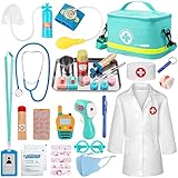 Sundaymot Arztkoffer Kinder Holz Spielset, Doktorkoffer Kinder Mit Echtem Stethoskop, Thermometer, Arztkittel und tragbare Doktortasche, Rollenspiel Kinder Spielzeug ab 3 Jahre