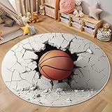 ZISTRCBAO 3D-Basketball Durchbricht Die Mauer Rund Teppich, Sportthema Waschbarer Wohnzimmer Sofa Teppich Kurzflor Couchtischmatte, Weiß Rund 120cm Teppiche Für Kinderzimmer Spielzimmer Eingangshalle