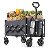 SONGMICS Handwagen faltbar, Bollerwagen, Gartenwagen, kompakt, mit Griff, mit 4 verstärkten Rollen, Davon 2 Universalräder, bis 180 kg belastbar, Outdoor, Garten, schiefergrau GFW909G01