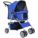 PawHut Hundewagen, klappbar Hundebuggy für kleine Hunde und Miniaturhunde, Katzenbuggy mit Aufbewahrungskorb, Becherhalter, Netzfenstern, Haustierwagen Oxford, Blau