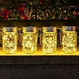 Solpex Solarlaterne für außen, Solarlampe, 4 Stück, Solarglas mit Lichtkette, 120 LED, Laterne hängend, Einmachglas, LED-Glas, IP44 Wasserdicht Gartenleuchte für Garten, Terrasse, Balkon, warmweiß