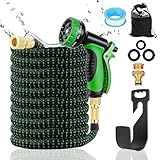Flexible Gartenschlauch 7,5M/25FT, Strapazierfähiger Latex Wasserschlauch 3/4' und 1/2' Metallanschlüsse, Wasserschlauch Dehnbarer mit 10 Funktionsdüsen und Wandhalter, 3450D-Gewebe, Knickfrei