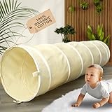 LIONHERZ® Spieltunnel für Kinder aus 100% Baumwolle mit Klettverschlüssen | Krabbeltunnel für Baby [180cm x 46cm] Faltbarer Pop-up Kriechtunnel | Krabbelrolle für Kinderzimmer, Spielzelt (Cremeweiß)