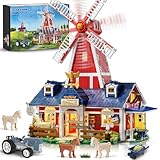 PLAXSOON Bauernhof Haus Klemmbausteine mit LED Licht, 1810 Stück Mechanische Bauernhof Baukasten Spielzeug mit Windmühle Traktor Pferd, Scheunen Bauspielzeug für Erwachsene Jugendliche 12+