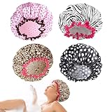 Duschhaube Damen 4 Stück Shower Cap Wasserdicht und Wiederverwendbar Duschhauben mit Gummiband,Doppellagiges Gewebe,für Mädchen und Frauen (Schwarze Punkte,Rosa Punkte,Leopardenmuster,Zebramuster)