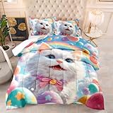 Bettdecke 230X260 Niedliche Katze Druck 4 Jahreszeiten Bettdecken,Quilted Steppbettdecke 200Gsm Mikrofaser Füllung Steppdecke Bettdecke Waschbar Antiallergisch Decke Mit 2 Kissenbezüge