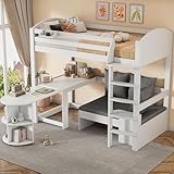 CARSIS Best1 Hochbett für Kinder 90x200 cm – Multifunktionales Kinderbett mit Leiter, ausziehbarem Tisch, Sofa mit Stauraum und Kissen – Regale und Massivholzrahmen in Weiß, ohne Matratze