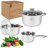 KARL HAUSMANN Topfset Induktion Edelstahl 3-Teilig - Kochtöpfe für Alle Herdarten - Kochtopf Set mit Glasdeckel - Töpfe mit Messskala - Topf Set - Kochtopfset - Topfsets - Pots - Induktionstöpfe
