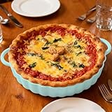 Chingcoo Keramik Tarteform rund mit Doppelgriffen, 26 cm Quicheform, Auflaufform rund für Pie, Tarte, Kuchen – Antihaftbeschichtet, Ofenfest, Mikrowellengeeignet, Spülmaschinenfest (Beige-Blau)
