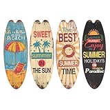 4 Stück Surfbrett Deko, 45 cm Holz Surfbrett Kunst für Wand Deko Terrassen Outdoor, Sommer Wanddeko für Bar, Pool, Mediterrane, Beach Party Maritim Dekorationen