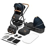 LIONELO Amber Kinderwagen 2 in 1 Kombikinderwagen, Kinderwagen Set mit sportlichen Sitz und fester Babywanne, Tasche, Moskitonetz, Abdeckung Regenblatt (Blau)