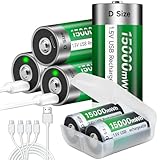 6 Stück USB D Akku Aufladbare Lithium/15000mWh - 1,5V D Zellen Batterien Wiederaufladbar Akkus Schnellladung in 4 Stunden Mit Typ C Ladekabel, Überladeschutz