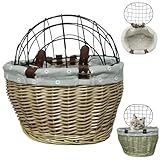 Hundkorb für Fahrradhundradträger mit Drahtgitterabdeckung und atmungsaktivem Frontkorb Pet Wicker Bike Bikeskorb mit Schnallen und weichem Futter für kleine Hundekatzen (Holzfarbe), Fahrradhundträge