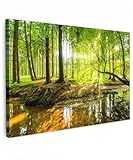 MuchoWow© Leinwandbild Groß 120x80 cm XXL Dekoration Wohnzimmer Bilder Aufhängen Wall Decoration Living Room Wohnungs Deko Moderne Wandbilder Bild Wald - Landschaft - Wasser - Bäume - Grün - Natur