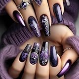 Shimmerz 24 Stück Aufkleber Nägel Lange Quadratische Nägel Acryl Farbverlauf Lila Blumen Design Schwarz Lila Klassische Französische Spitzen Falsche