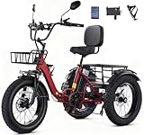 KAKIGO Elektro-Dreirad Für Erwachsene,20”x4” Fat Tires,Aluminium Faltbares E-Bike,250W Motor,65 Nm,48V 15.6Ah Akku,25 Km/h, Vorder-&Hinterkorb,Differenzial,90Km Reichweite