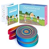 Cikyner Gummitwist Kinder Set，2 Stück Hüpfgummi 4m lang 1.5cm weit Gummi Twist mit Anleitung Polyester-Latex Regenbogen Band für Kinder Hüpfspiele drinnen und draußen, Mädchen & Jungs