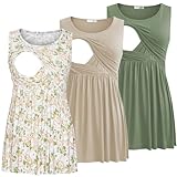 Bearsland Women's Maternity Nursing Tank Tops Sleeveless Scoop Neck Soft Breastfeeding Shirt, Khaki&Gray Green&Green White Flower,L
