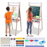 ulafbwur Doppelseitige Kinder Tafel aus Holz ab 3 Jahren - 2-in-1 Maltafel mit Whiteboard & Kreidefläche,Magnetfunktion, Papierrolle und Aufbewahrungsfach -Höhenverstellbares Montessori Lernspielzeug