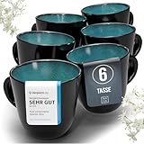 Steingut Kaffeetassen 6 Personen Ibiza TESTSIEGER, Traumhaftes Mediterranes Steingut Tassen Set, Stylisches Tee- und Kaffeebecher Set, Pure Living in Petrol