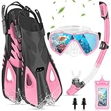 IEEILULU Schnorchelset Erwachsene, 7-teiliges Schnorchelausrüstung mit Anti-Fog Taucherbrille, Flossen, Trockenschnorchel, wasserdichte Handyhülle Ohrstopsel und Tragetasche (Rosa, S/M)