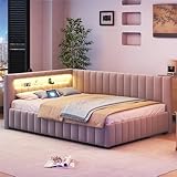 FEZTOY Polsterbett 140x200 mit LED und USB-Anschluss, Bettgestell mit Lattenrost,Tagesbett Schlafsofa Samtstoff Bettsofa Gästebett Jugendbett, ohne Matratze hellgrau