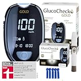 GlucoCheck GOLD Blutzuckermessgerät-Set (mg/dl) mit 60 Blutzuckerteststreifen, 10 Lanzetten, 1 Stechhilfe, 1 Etui zur Blutzucker-Selbstkontrolle bei Diabetes