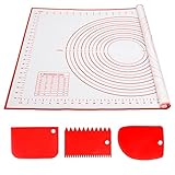 Alyvisun Silikon Backmatte mit 3 Teigschaber, 70x50 cm Backzubehör Antihafte Backunterlage mit Messung Rutschfeste Silikonmatte Wiederverwendbar Backblech für Fondant, Pizza, Teig (Rot)