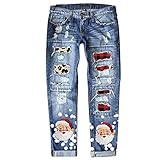 Dreiviertel Jeans Damen Caprihose Weihnachts-Print Denimhose Ausgefransten Look Jeanshose Low Waist High Stretch Jeans Fashion Patchwork Gerade Hosen Skinny Slim Fit Freizeithose S-5XL