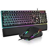 RedThunder K10 Gaming Tastatur und Maus Set, QWERTZ DE-Layout, Metallplatte und Handballenauflager,RGB-Hintergrundbeleuchtung und 7D mit Ergonomische für PC Gamer(Schwarz)