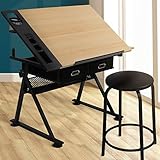 Zeichentisch mit 2 Arbeitsflächen - höhenverstellbar, neigbare Tischplatte, inkl. Hocker und 2 Schubladen, Holzoptik Schwarz - Schreibtisch, Architektentisch, Bürotisch für Architekten und Techniker