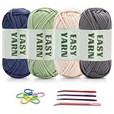 Häkelgarn für Anfänger, 4x50g Kein Geteiltes Garn, Klobiges Baumwollgarn Einfaches Strickgarn zum Häkeln Stricken Dickes Sperriges Baumwollgarn für Anfänger(Dunkelblau + Hellgrün + Dunkelgrau + Beige)