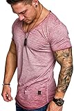 Amaci&Sons Oversize Herren Vintage T-Shirt Verwaschen V-Neck Basic V-Ausschnitt Shirt 6034 Bordeaux L