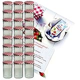 MamboCat 24er Set Sturzglas 435 ml Marmeladenglas Einmachglas Einweckglas to 82 rot Karierter Deckel incl. Diamant-Zucker Gelierzauber Rezeptheft