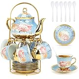 Blau Blume Porzellan Teeservice, Rose Ceramic Tea Set, Vintage Tea Set with Teapot, Metallständer, 160ml Porzellan Kaffeetasse und Teekanne 700ml, Europäisches Kaffeeservice for Erwachsene für Party