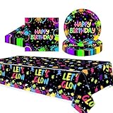 MOMAHUA 37 Stück Neon Glow Partygeschirr für 16 Gäste, Deko Geburtstag Geschirr Schwarzlicht, Leuchtende Partyteller Kindergeburtstag, Schwarzlicht Pappteller Tischdecke Servietten für Glow Party