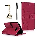 Badalink Hülle für Samsung Galaxy S6 Edge Hülle Schutzhülle Flip Bunt PU Leder Ledertasche Wallet Case Brieftasche mit Magnetverschluss Cover Handyhülle Schale Halter Falten Standfunktion und Cardslots Kredit Karte Kartenfächer Rosa Red Eingabestift Staubstecker